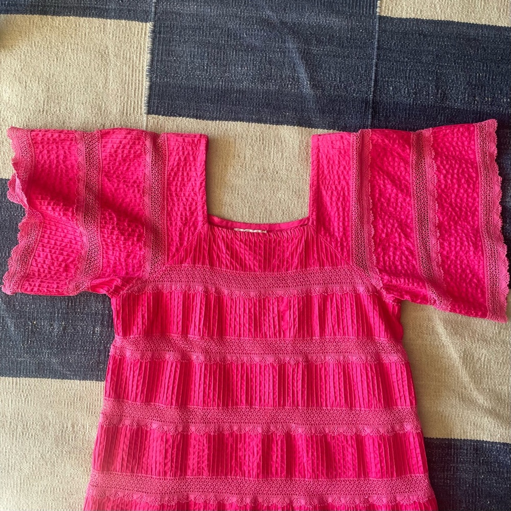 Vintage 60s 70s Mexican cotton pin tuck dress XS S pink boho peasant - Picture 2 of 6